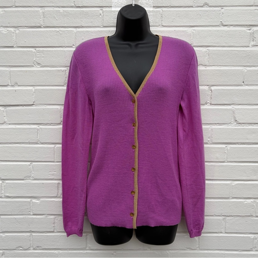 VTG Chantal Gaudreau Pink & Gold 100% Italian Virgin Wool‎ Cardigan, SZ L VGUC